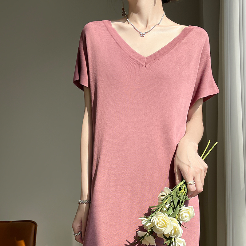MU2900 Summer dress large size drape to cover the belly and make you look thinner, front and back V-neck, dropped shoulders, ice silk knitted long