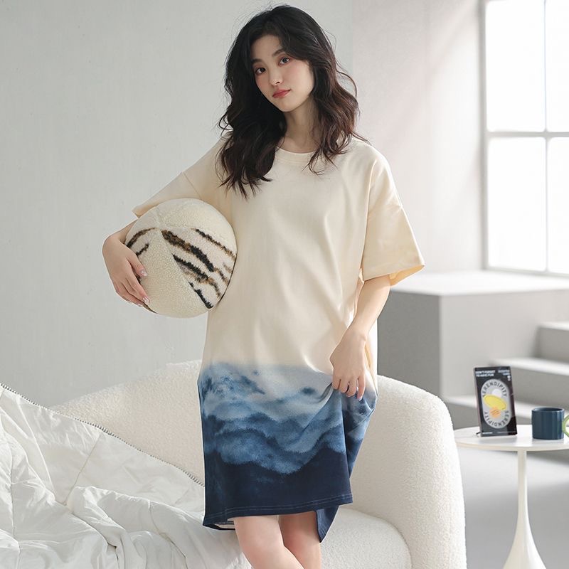 B877-Nightdress for women, summer, thin, with built-in chest pad, medium and long women's pajamas, casual, can be worn outside, home clothes