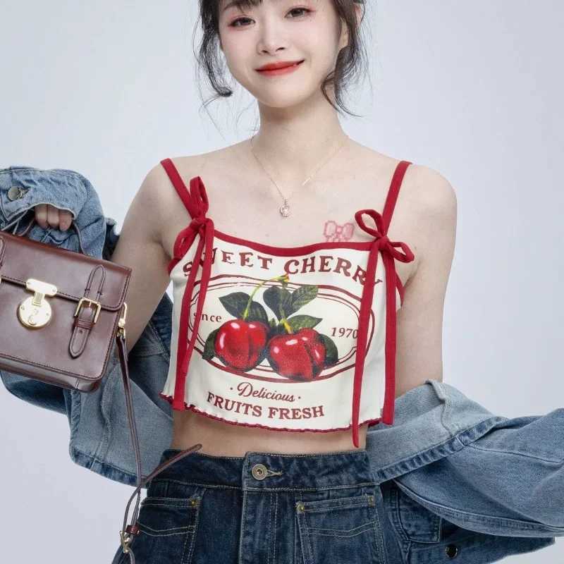 Hikigawa Chic Fashion Women Casual Japanese Sweet Cherry Print Slim Camisole Summer Bow Lace Up Thin Sxey Crop Y2k Tops Women M250513