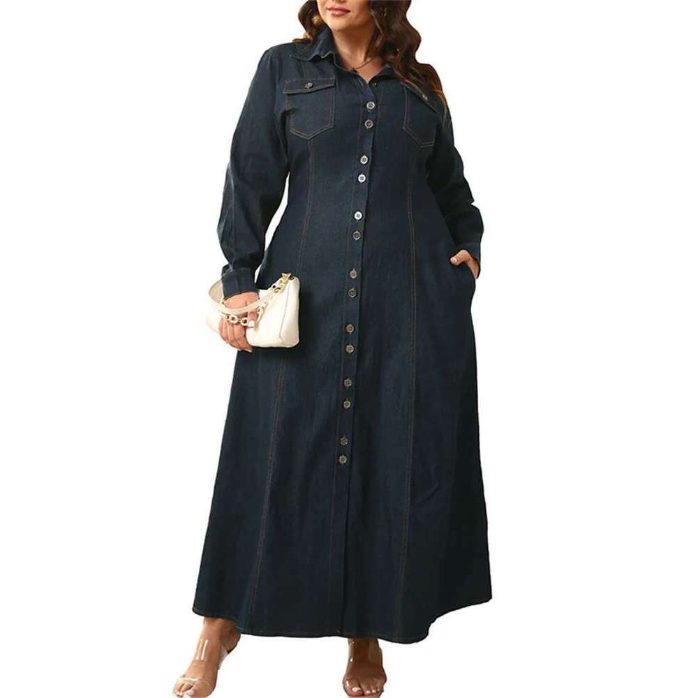 Wmstar Plus Size Dresses for Women Denim Button Solid Long Fashion Elegant Maxi Dress Fall Winter Clothes Wholesale Dropshipping