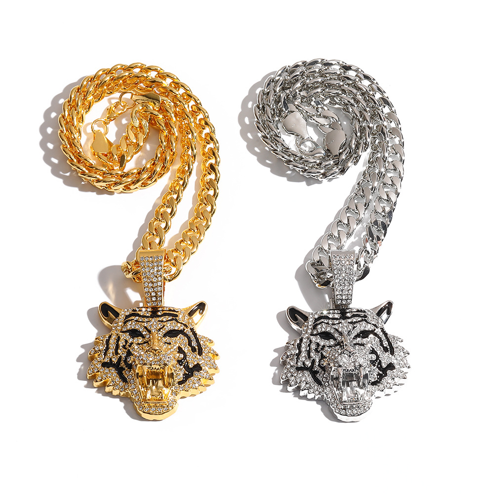 Trendy Men's Full Diamond Cuban Link Chain Necklace, High-End Hip Hop Pendant with Cross and Tiger Design