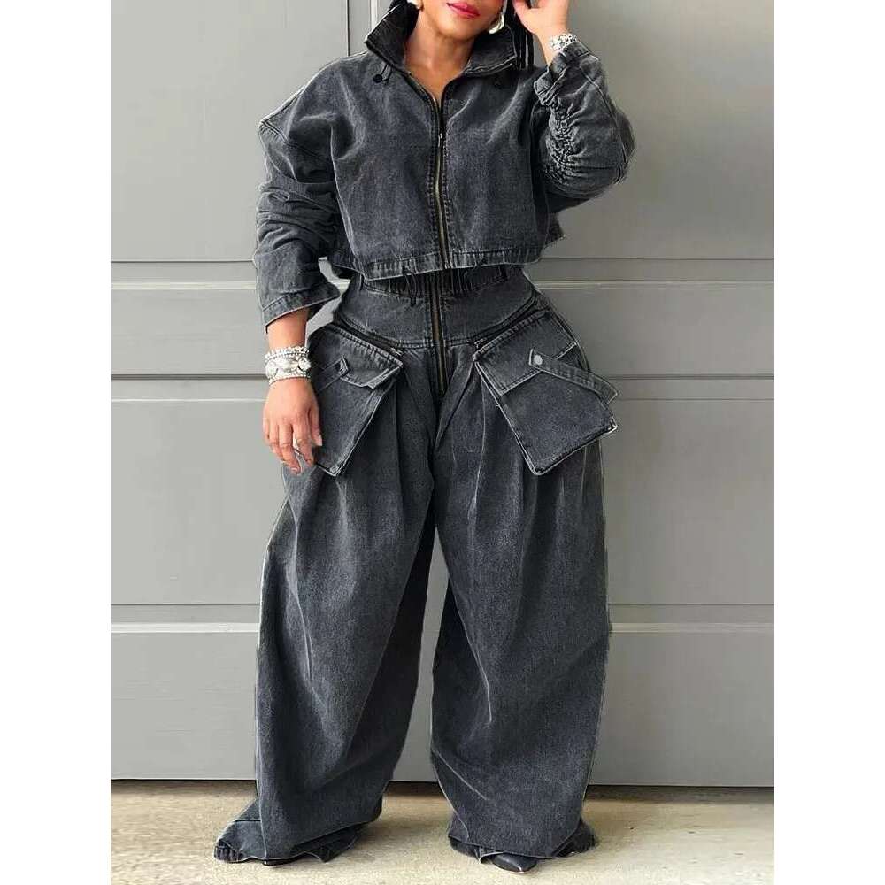TWOTWINSTYLE Solid Denim Two Piece Sets Lapel Long Sleeve Top High Waist Wide Leg Pant Spliced Pocket Set Female Fashion Clothes