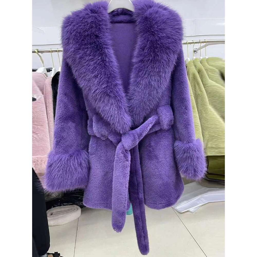 Chic Women Faux Furs Collar Long Sleeve Oversize With Belt Female Fur Jackets 2024 Winter Fashion Lady Coats