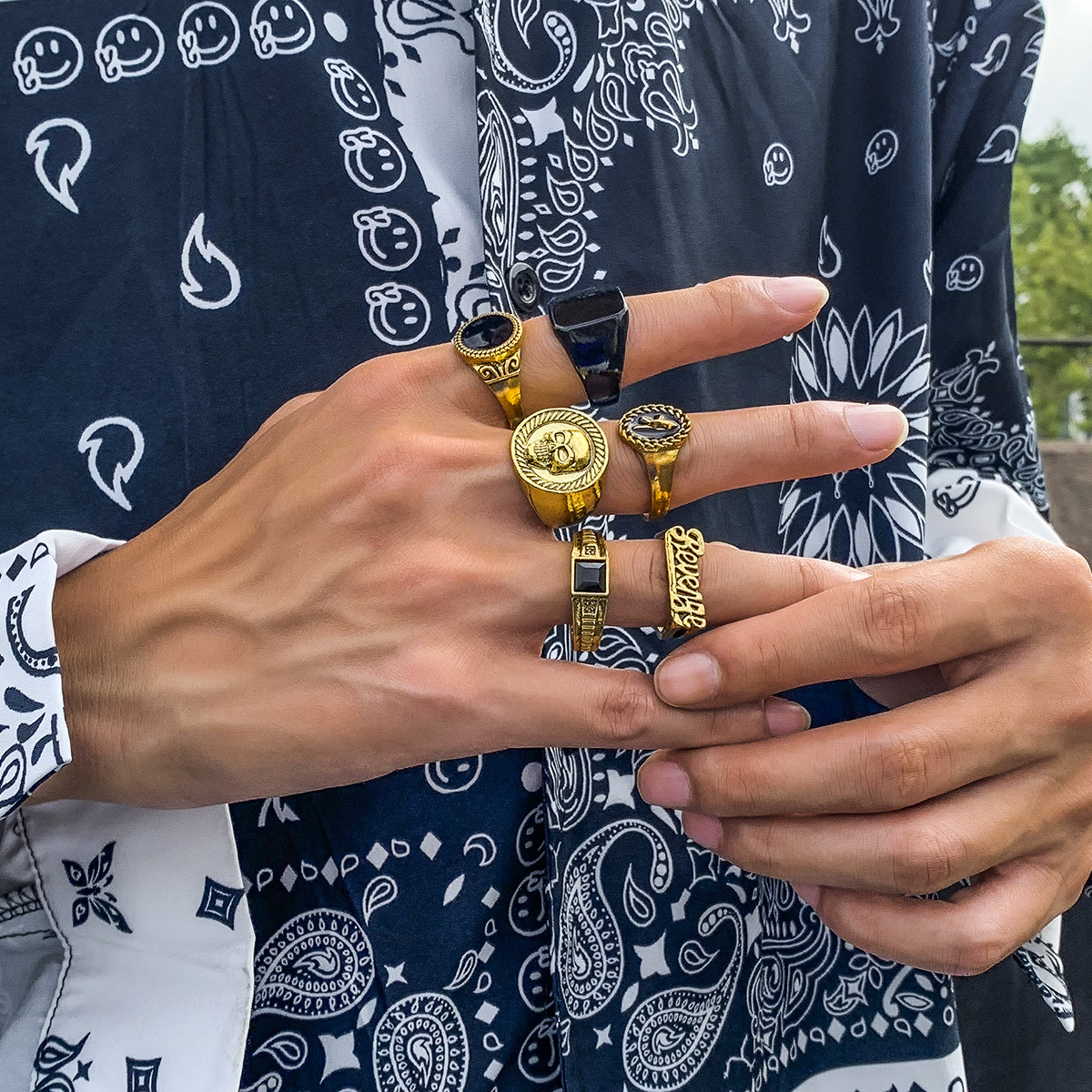 Retro Geometric Crystal 6-Piece Set Men's Rings - Trendy Minimalist Fashion Alloy Ring Set