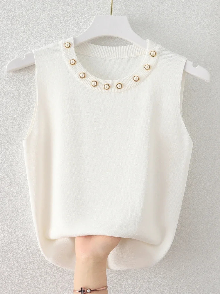 Tank Top with Camisole for Women Round Neck Nail Bead White Stylish Knit Sweater Sleeveless Tshirt Outerwear 250513