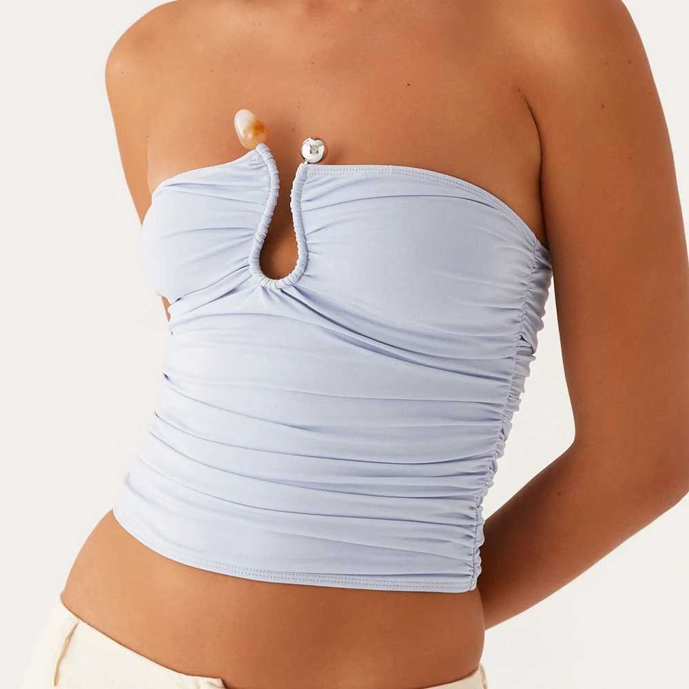 Womens y2k Vintage Ruched Tube Tops Summer Sexy Strapless Solid Metal Clip Front Bandeau Cropped Tops Slim Fit Tanks Shirt M250513