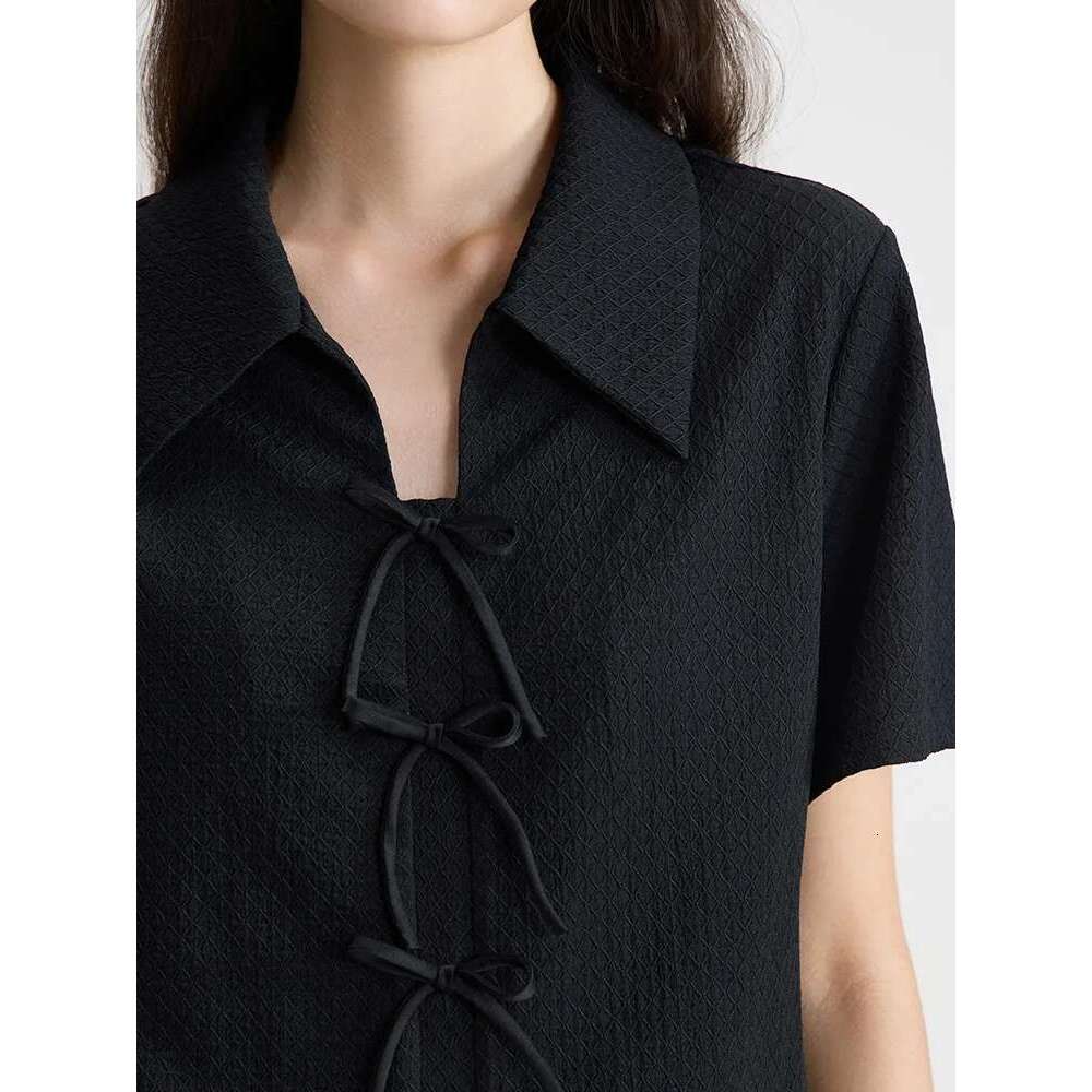 DUSHU Casual Elegant Chiffon Women Shirt Summer New Bow Commuting Short-Sleeved Black Top For Female 24DS82707