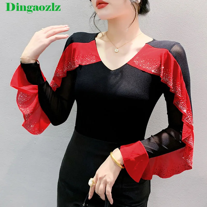 Dingaozlz Chic Style Fashion Ruffles Women Tshirt Diamonds Slim Casual Female Tops Patchwork Contrast Mesh Tees 250513