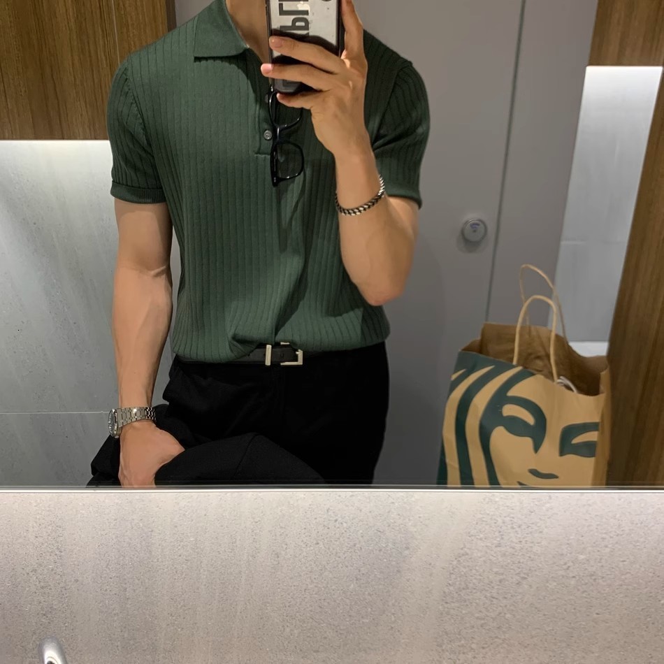 British yuppie mens ice silk knitted polo shirt mens t-shirt cool and high-end short sleeved summer trendy brand plol shirt 250213