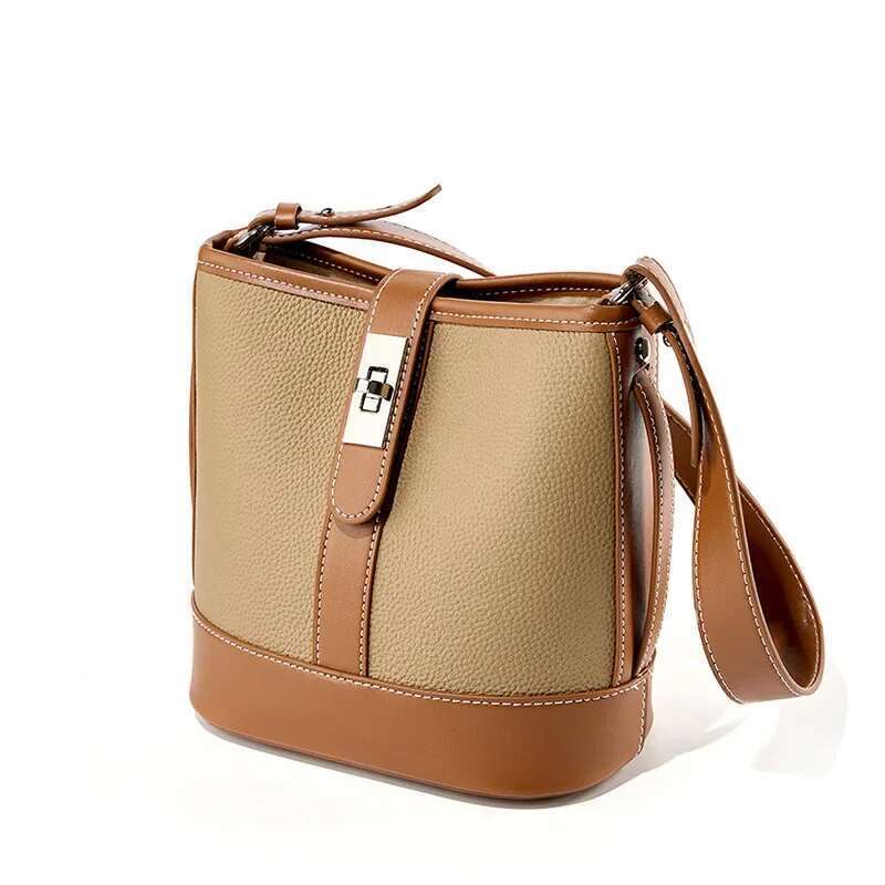 Women's Genuine Cowhide Leather Bucket Shoulder Handbags Female Crossbody Bags