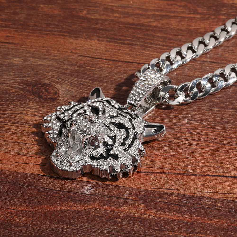 Trendy Men's Full Diamond Cuban Link Chain Necklace, High-End Hip Hop Pendant with Cross and Tiger Design