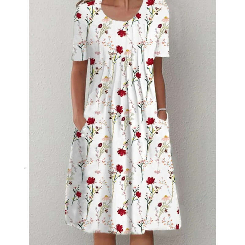 Women Clothes Dress Spring Summer Flower Printed Round Neck Pocket Mid Length Dress For Women KQ