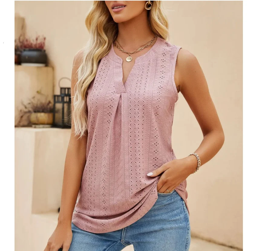 Casual Summer Hollow Out V Neck Sleeveless Blouses for Women Fashion Elegant Loose Tank Tops Solid Pullover Tunic 250513