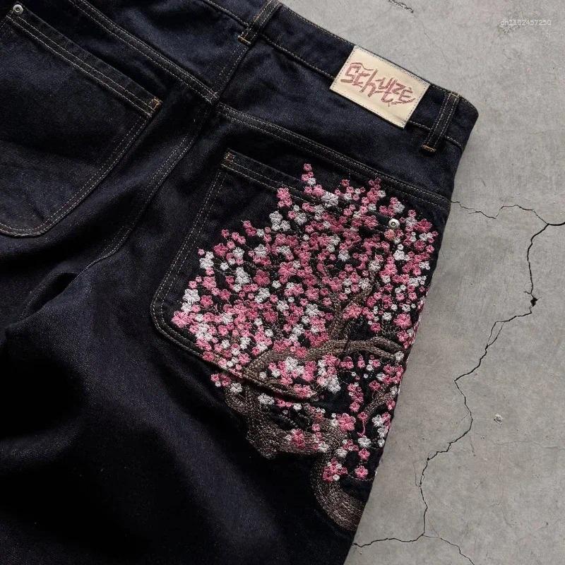 Men's Jeans Y2K Goth Vintage Plum Blossom Embroidery Harajuku Pattern Denim Fabric Wide Leg Pants American Style Men Women Street Wear