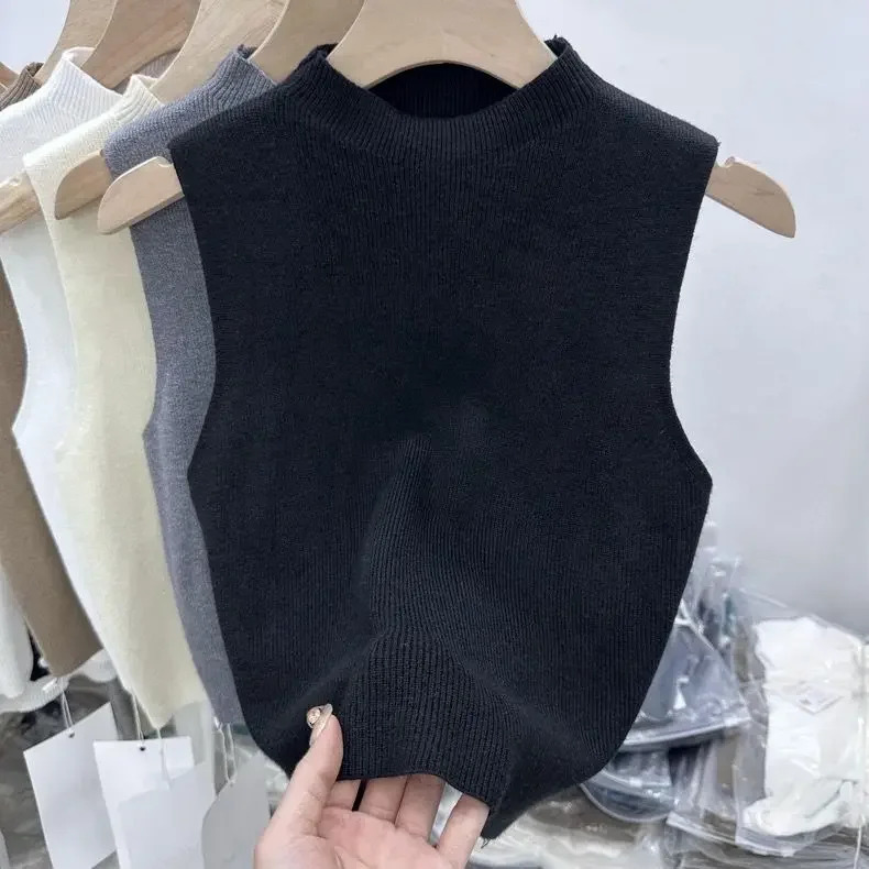 Womens knitted Y2K vest ultrathin sweater for summer and autumn short sleeved solid spring zipper tight fitting tube top 250506