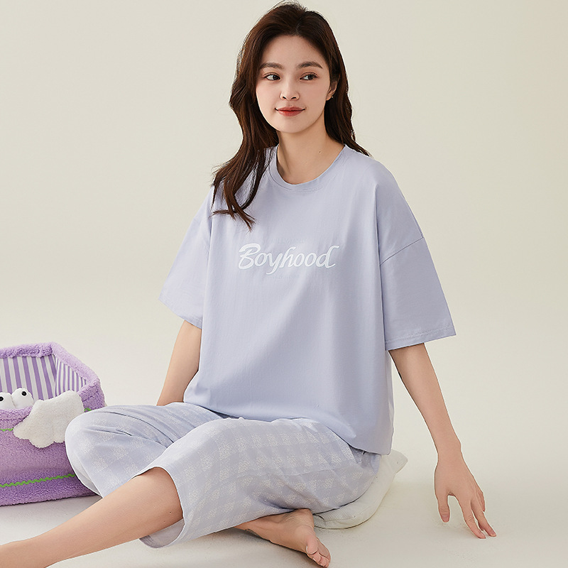 B875-Pure cotton pajamas women's summer new short-sleeved cropped pants suit casual fashion loose home clothes can be worn outside