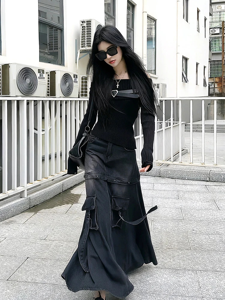 High Quality Black Denim Skirt Thin Office Lady Vintage Fashion Pockets Autumn Winter Waist ALine n Gothic 250513
