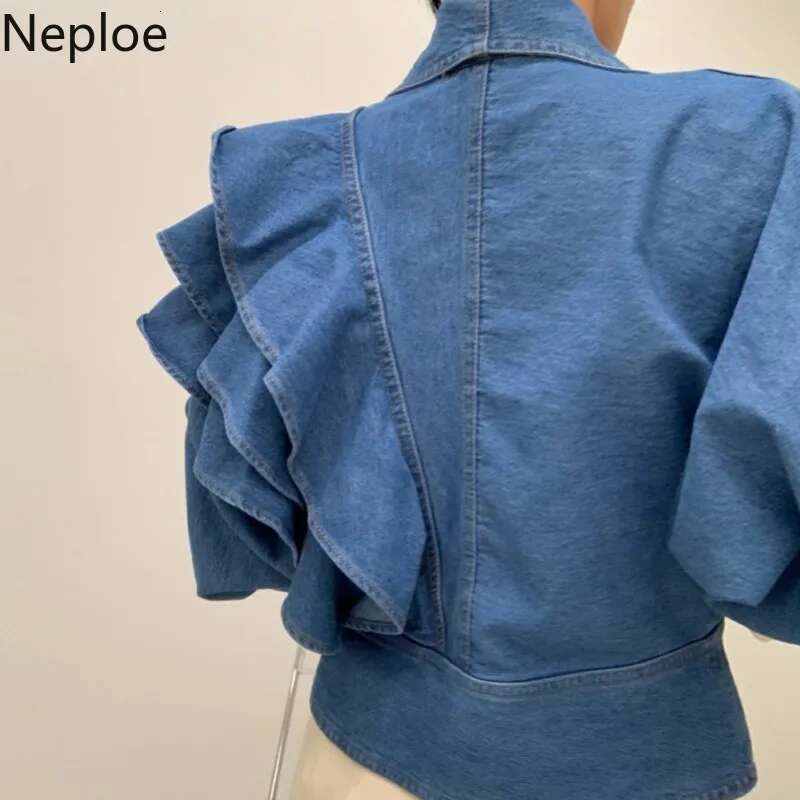 Neploe Fall 2025 Women Clothing Cropped Denim Jacket Vintage Turn-down Collar Puff Sleeve Ruffles Crop Tops Korean Jean Coat