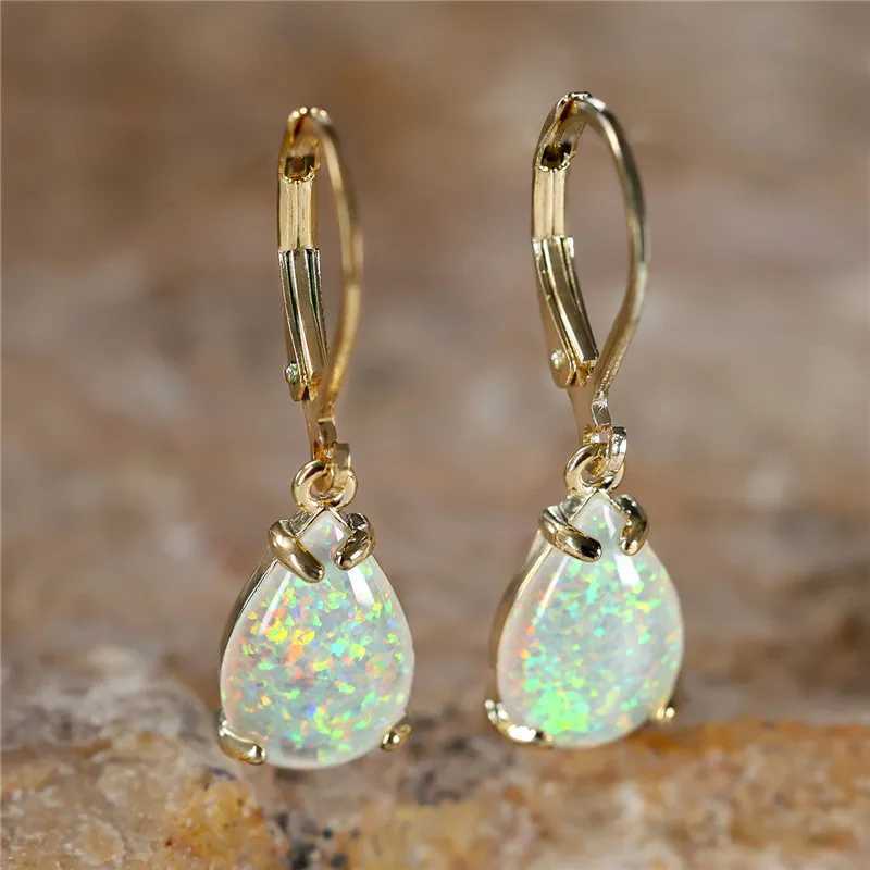 Female White Fire Opal Stone Classic Gold Color Water Drop Earrings Cute Dangle Boho Jewelry For Women Y250510