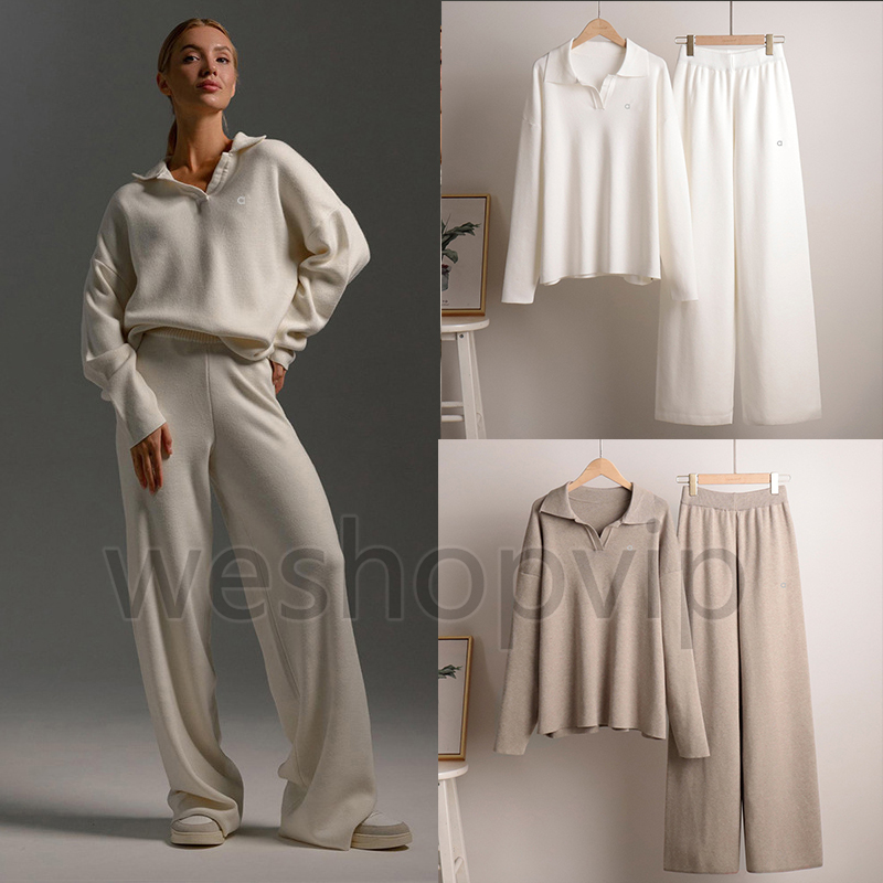 Yoga Outfits Women Sweater Yoga Outft Suits Two Piece Autumn Winter Polo Neck Knitted Pullover Wide Leg Pants Jogger Suit Gym Tracksuit