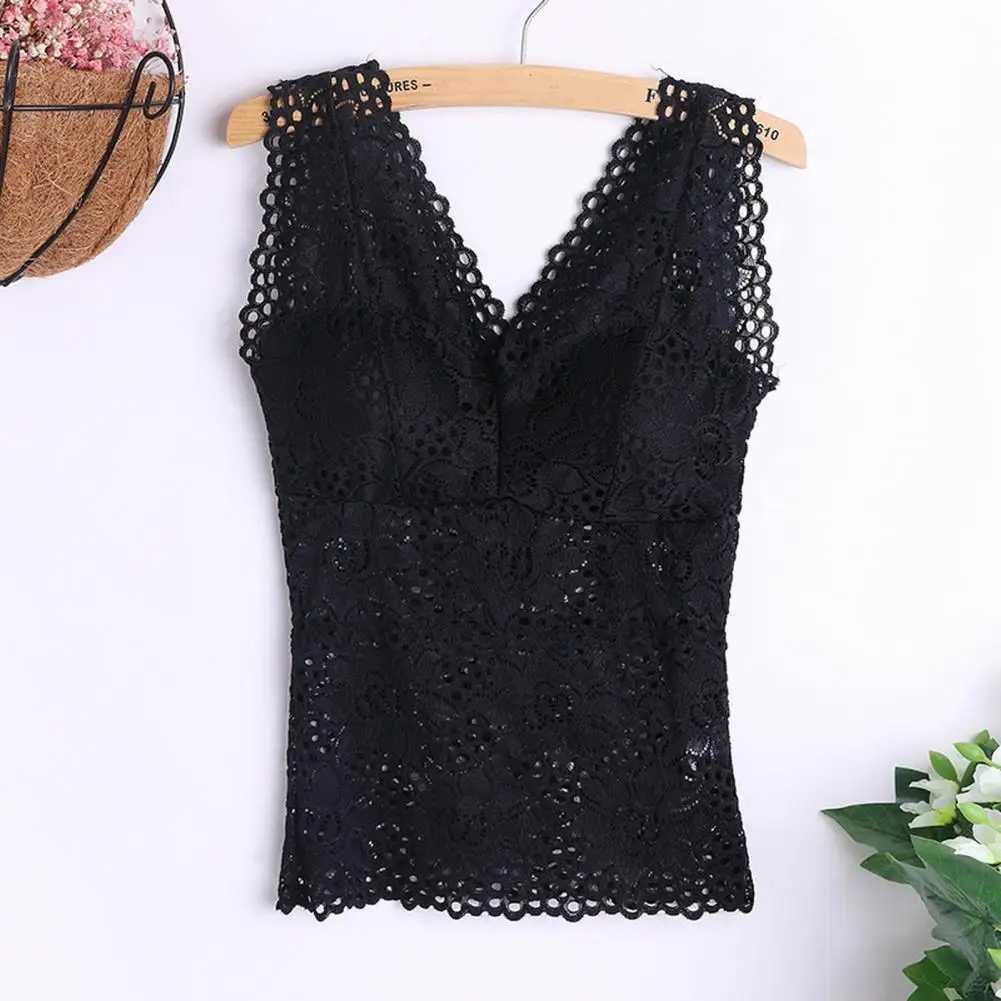 Womens Tank Top V-neck Skeleton with Pads Spaghetti Straps Sexy Lace On Bra Crochet Vest Inside Wear M250513