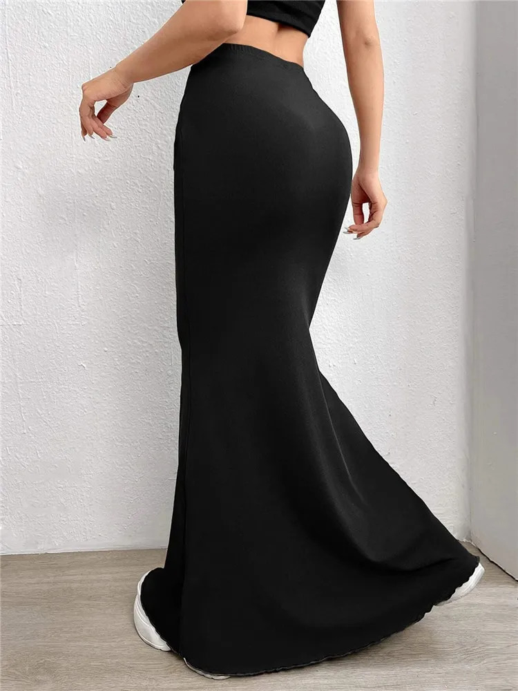 Solid Bodycon Ruched Long Skirt Women Sexy Black Elastic Elegant High Waist Mermaid Maxi Skirts Summer Streetwear 250513