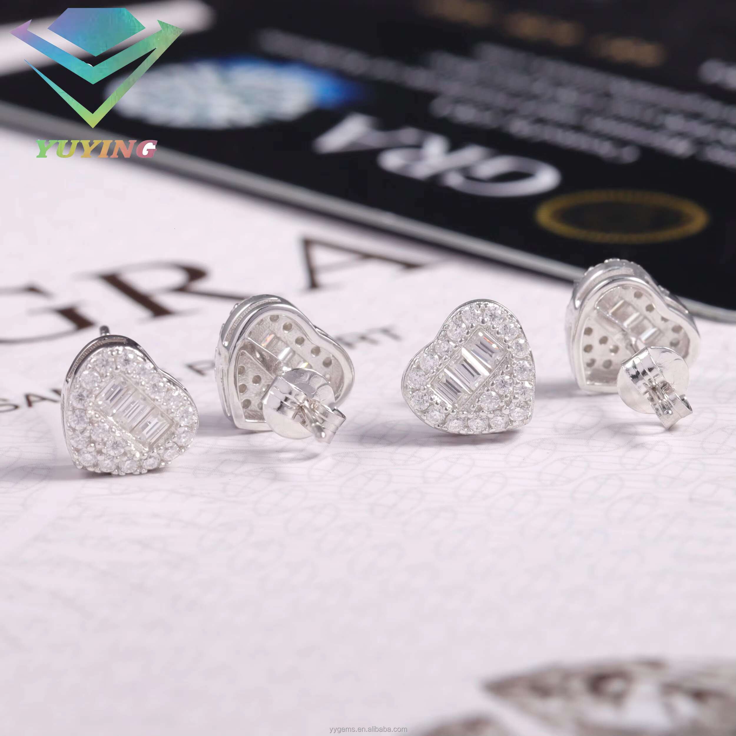 Popular Design Gold Plated 925 Sterling Silver Iced Out Baguette Moissanite Diamond Heart Shape Earring Studs for Hip Hop Life