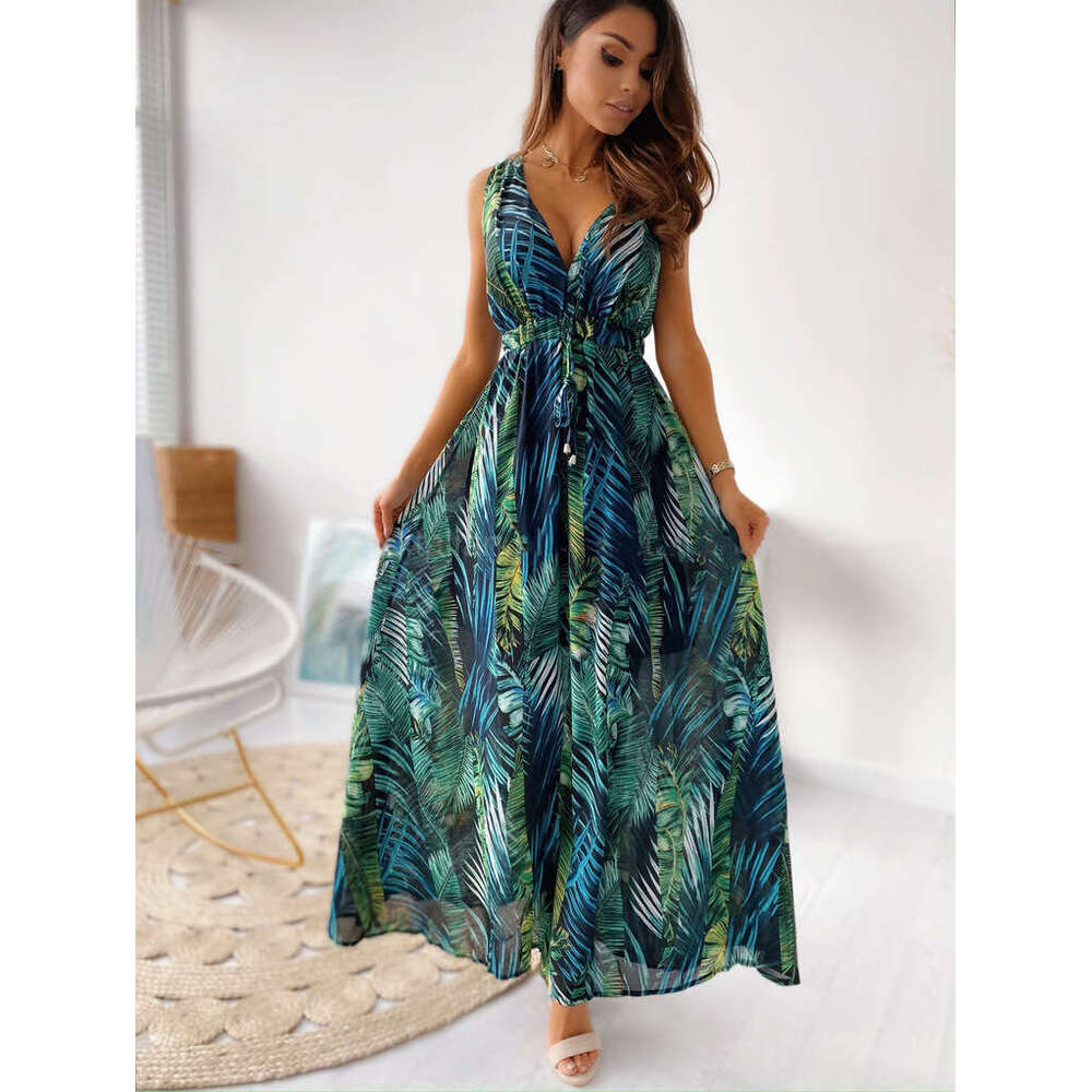 Women Clothes Dress Summer New Print Open Back Strap Dress KQ