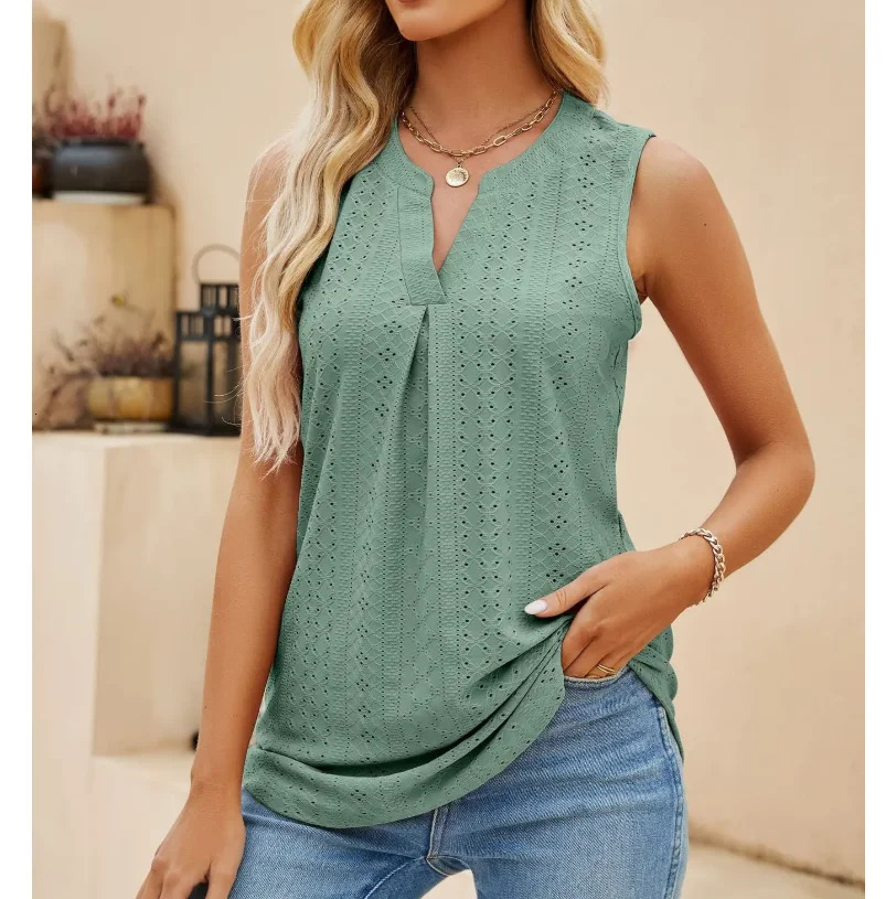 Casual Summer Hollow Out V Neck Sleeveless Blouses for Women Fashion Elegant Loose Tank Tops Solid Pullover Tunic 250513