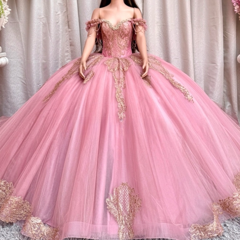 Pink Quinceanera Dresses Off Shoulder Ball Gown Sweet 16 Dress Gold Applique Lace Beading Tull Birthday Party Vestidos 15 De Anos