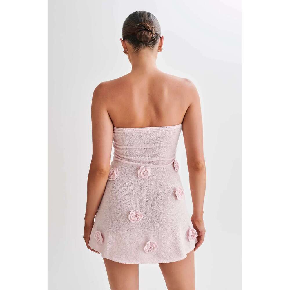 Elegant Sleeveless Lace Up Pink Mini Dress Women New Fashion 3d Flower Backless Sexy A-Line Short Dresses Bodycon Birthday Party
