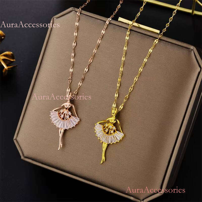 Hot Selling Gold Plated Zircon Dia Skirt Ballet Dancing Girl Pendant Necklace Jewellery for Girls Women