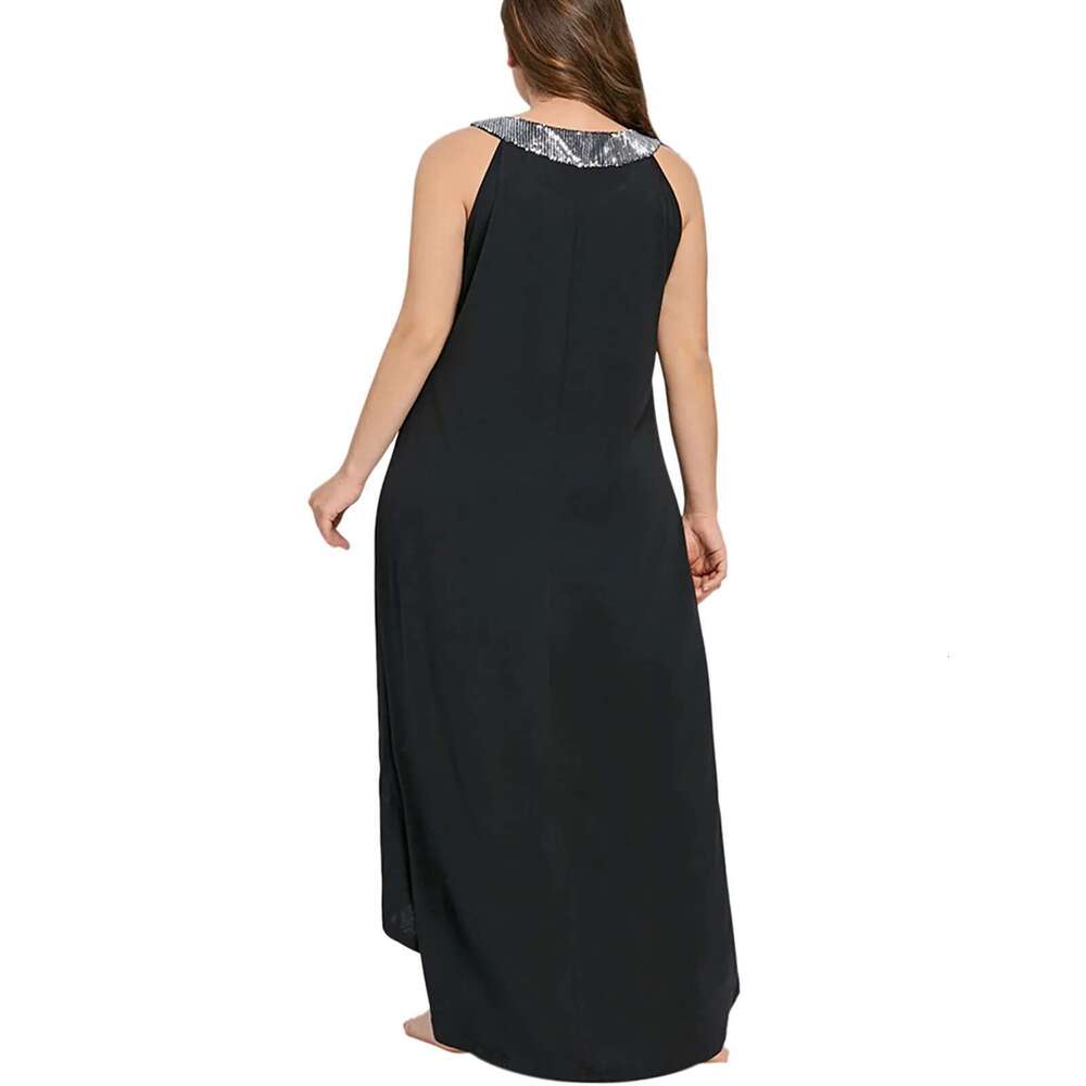 Rimiut Plus Size Women Sleeveless Ankle Length Dresses halterneck sequins Fashion Casual Party Fat MM 5XL Over size Dress