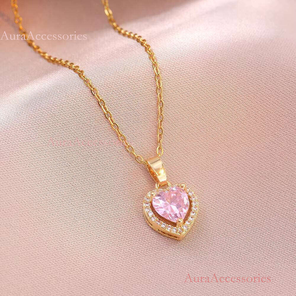 Fine Jewelry Set Sier Solid Pink Heart Pendant Necklace and Earrings for Parties
