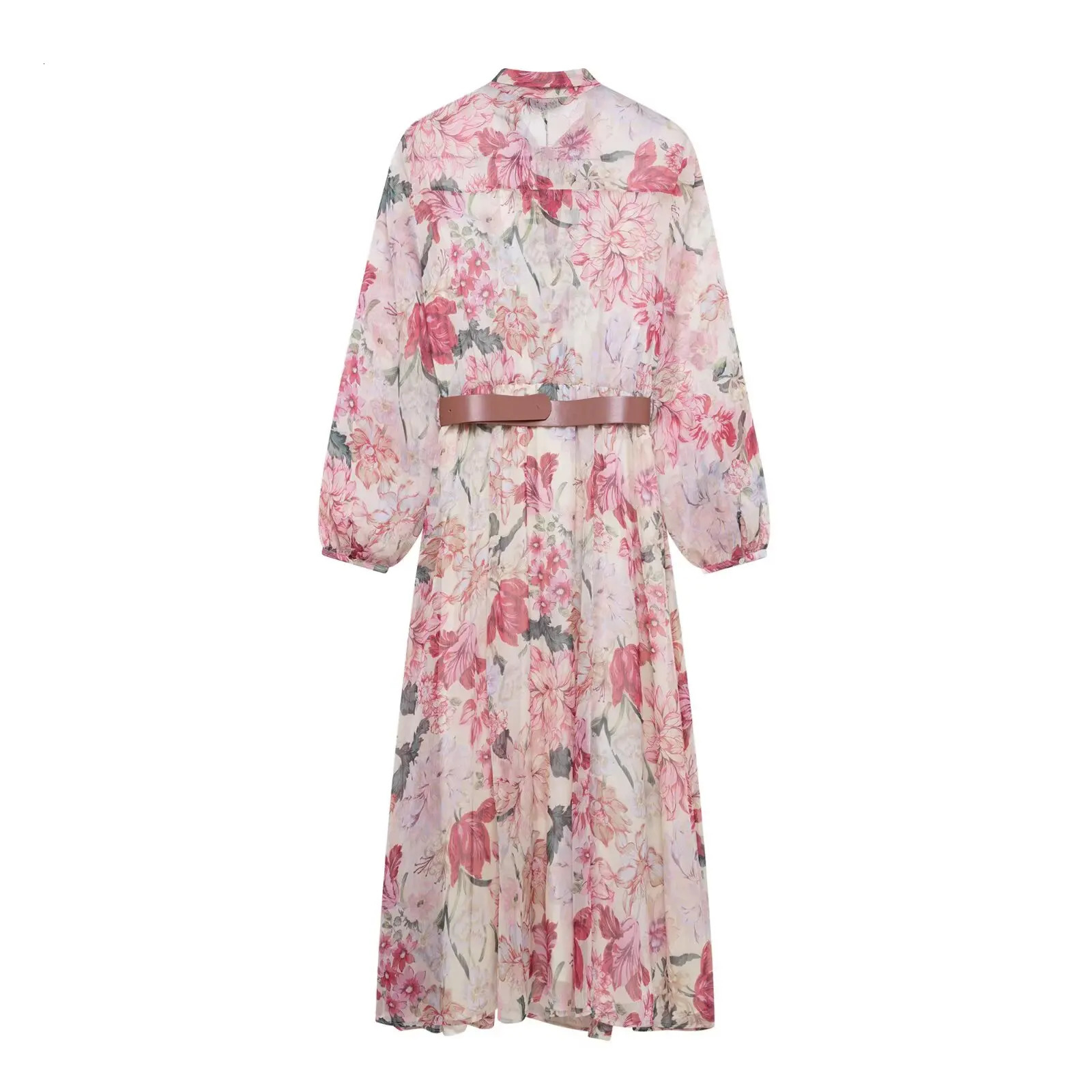 Zevity Women Elegant Bow Tied Collar Floral Print Belt Midi Dress Female Chic Long Sleeve Chiffon Dresses DS9124 250513