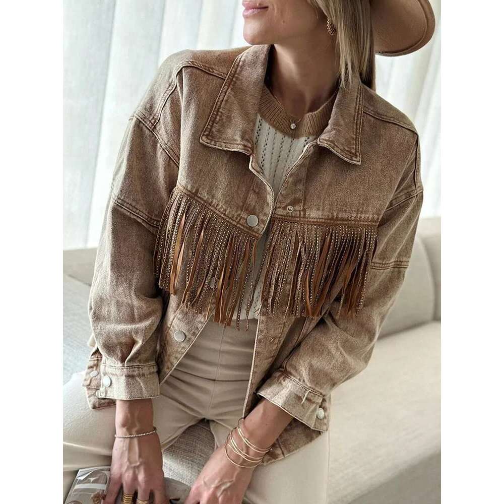 Gypsylady Stylish Retro Denim Women Jacket Autumn Winter Tassels Long Sleeve Cotton Khaki Brown Ladies Biker Jackets Chaquetas