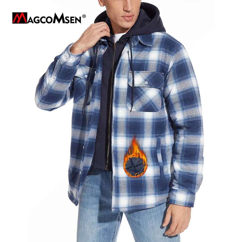 MAGCOMSEN Men's Flannel with Removable Hood 5 Pockets Plaid Quilted Lined Winter Coats Thick Hoodie Outwear Fleece Jacket