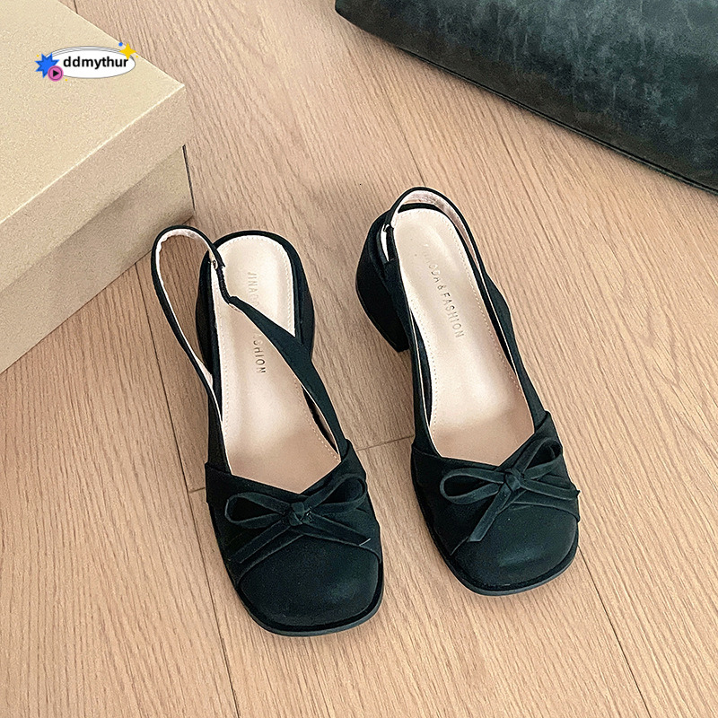 French style women's single bow hollow toe sandals, 2025 spring new style, gentle and sweet, low heel shoes with empty back ddmythur