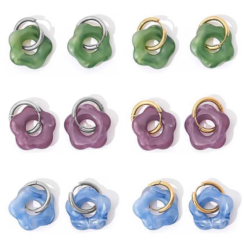 Colorful Resin Flower Drop Earrings for Women Fashion Gold Silver Color Stainless Steel Hoop Earrings Female Elegant Jewelry Y250510