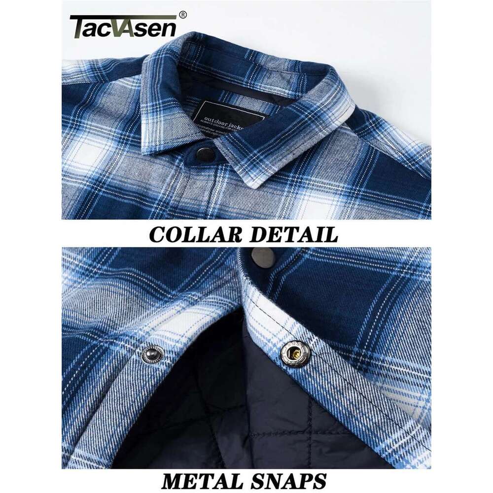 TACVASEN Winter Plaid Cotton Jackets Mens Long Sleeve Quilted Lined Flannel Shirt Jacket Multi-Pockets Outwear Hiking Coats Tops
