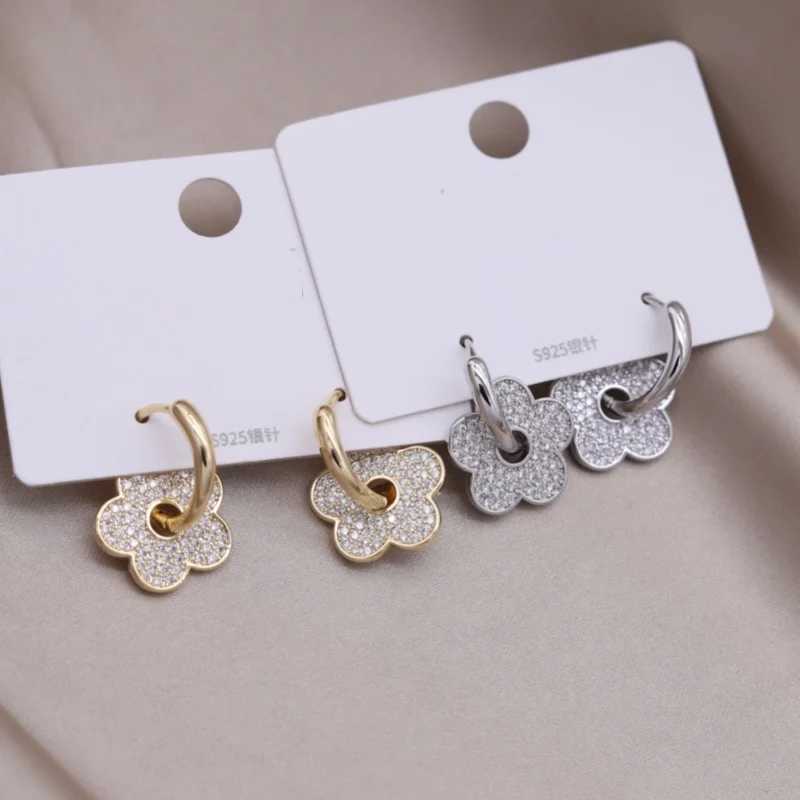 South Korea new design fashion jewelry 14K gold plated zircon five-petal flower earrings elegant womens daily work accessories Y250510