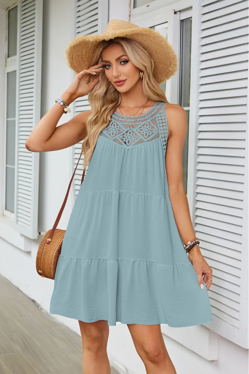 Beach mini dress with camisole sleeveless hollow out lace casual round neck elegant vacation style 250513