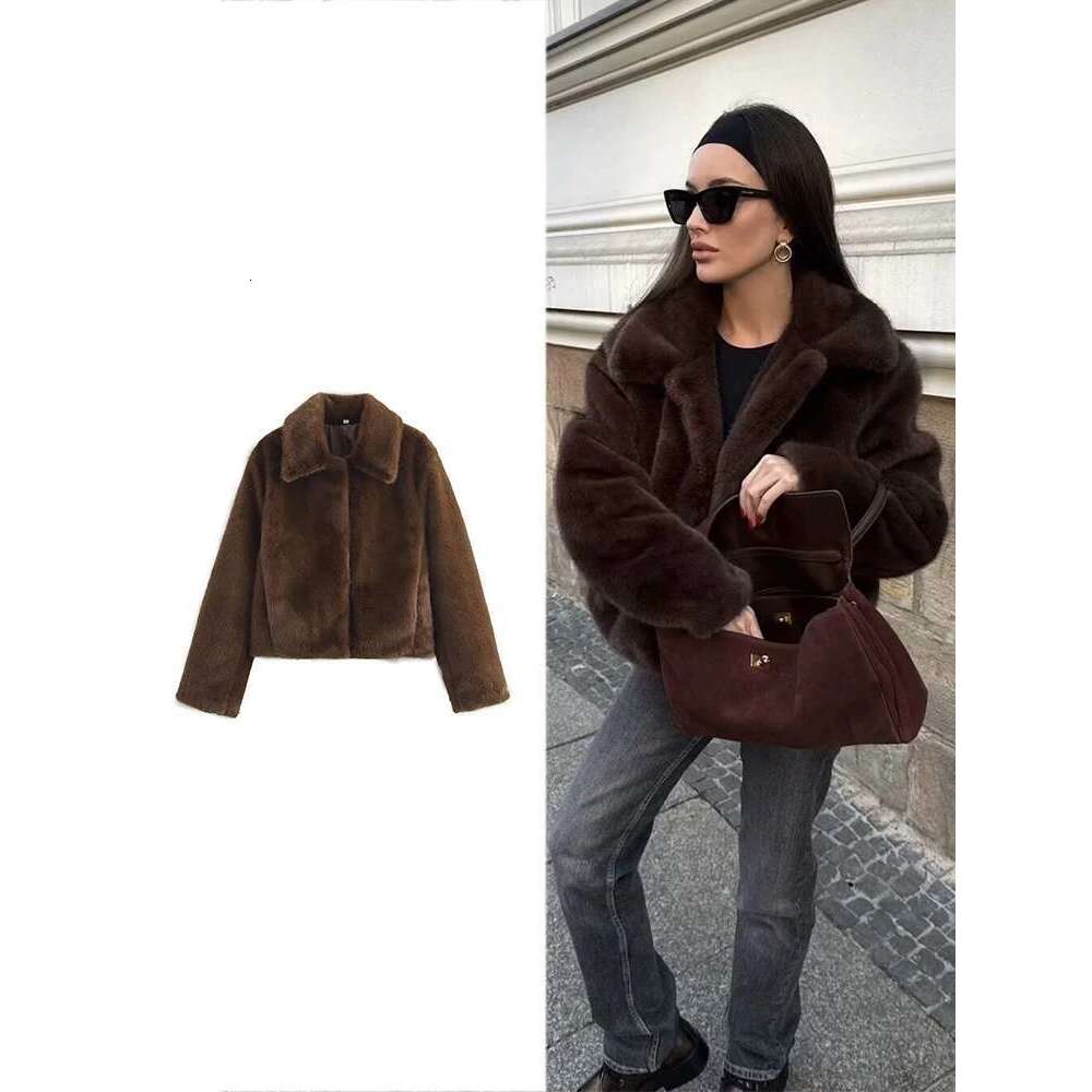 TRAF Women's Fashion Brown Faux Retro Lapel Long Sleeve Soft Fluffy Jacket Coat Temperament High Street Short Fur Top