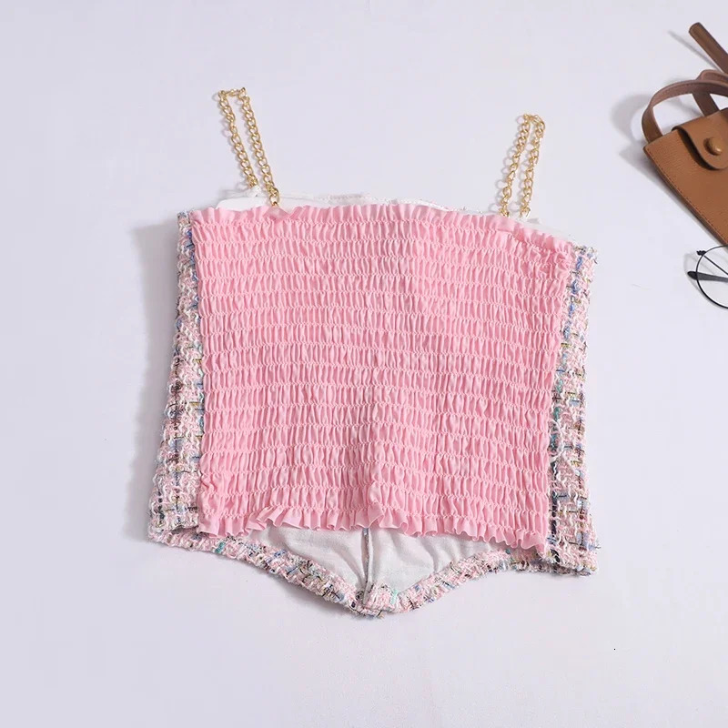 Women With Bra Pad Off Shoulder Tube Tops Summer Sexy Tweed Chain Button Tank Underwear Pleated Backless Worn Outside Camis 250513