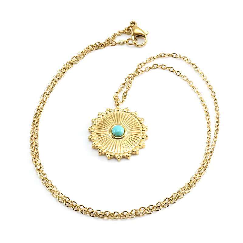 Fashionable light style stainless steel turquoise circular pendant necklace