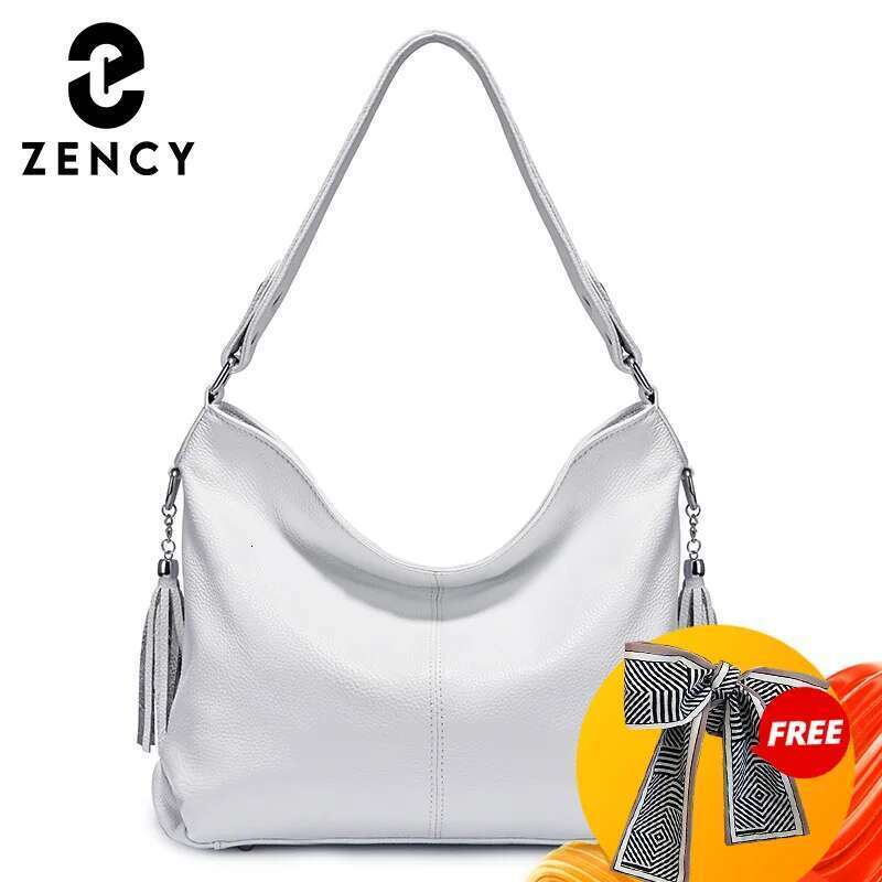 Zency Handbags Genuine For Women Fashion Tassel Hobo Crossbody Plain Color Real Cowhide Leather Large Shopper Bag