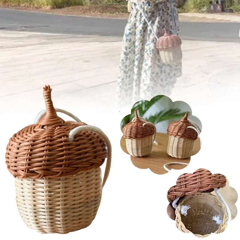 New Acorn-Shaped Storage Basket Hand-Woven Round Rattan Bucket Tropical Beach Style Woven Shoulder Bag Photo Props