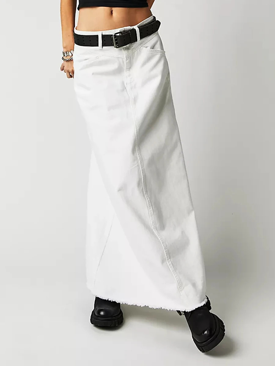 Women Y2K Vintage Denim Maxi Skirt High Waist ALine Frayed Hem Loose Long Jean OOTD Streetwear 250513