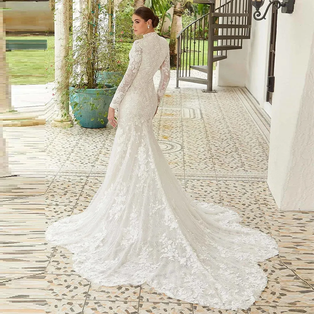 Full Lace Mermaid Wedding Dress High Neck Long Sleeves Court Train Bridal Gown church garden beach birde outfit cutomsized