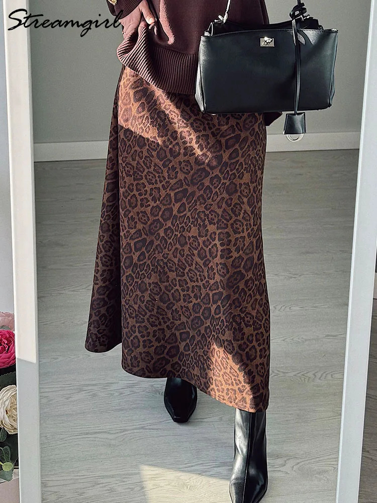 Winter Leopard Print Suede Skirt Long Women Autumn Vintage A Line Brown Maxi Skirts For Warm 250513